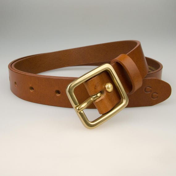 Skinny Tan Leather Belt With Solid Brass Buckle 1 Inch Wide 