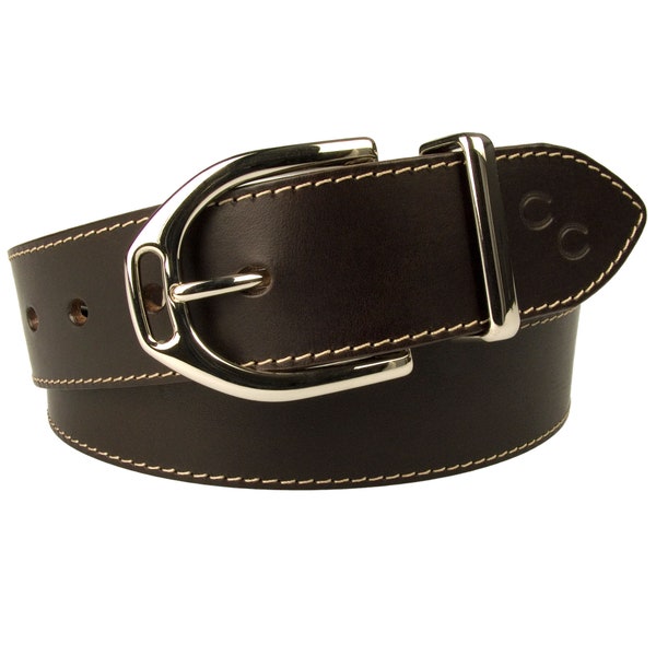 Horse Shoe Motif Leather Belt With Stirrup Buckle - Made In UK - Full Grain Leather - 4cm Wide