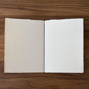 Puede incluir: Un diario abierto, hecho a mano, con papel texturizado blanquecino en la p&aacute;gina izquierda y papel blanco brillante en la derecha. Las p&aacute;ginas tienen un borde irregular y est&aacute;n encuadernadas con hilo negro. El diario descansa sobre una superficie de madera oscura.