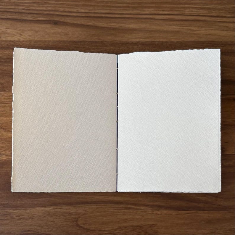 Puede incluir: Un diario abierto, hecho a mano, con papel texturizado blanquecino en la p&aacute;gina izquierda y papel blanco brillante en la derecha. Las p&aacute;ginas tienen un borde irregular y est&aacute;n encuadernadas con hilo negro. El diario descansa sobre una superficie de madera oscura.