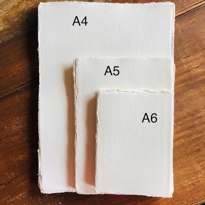 May include: Three sheets of white paper, labeled A4, A5, and A6, are stacked on a wooden surface. The sheets are all the same color and texture, but they are different sizes.