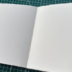 Puede incluir: Diario en blanco abierto con p&aacute;ginas de papel blanco texturizado. Las p&aacute;ginas est&aacute;n cosidas a lo largo del lomo con hilo plateado. El diario est&aacute; abierto sobre una esterilla de corte verde.