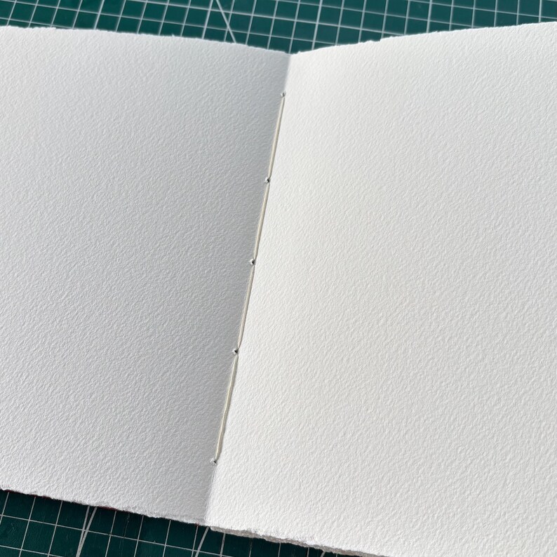 Puede incluir: Diario en blanco abierto con p&aacute;ginas de papel blanco texturizado. Las p&aacute;ginas est&aacute;n cosidas a lo largo del lomo con hilo plateado. El diario est&aacute; abierto sobre una esterilla de corte verde.