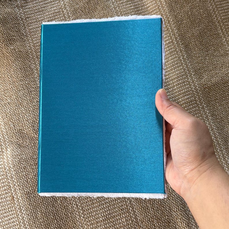 May include: A teal blue notebook with a white border. The notebook is lying flat on a brown textured surface.