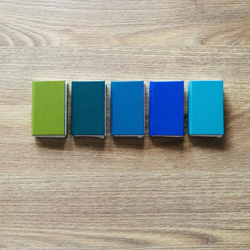 Pu&ograve; includere: Sei piccole scatole rettangolari allineate in una fila su una superficie di legno. Le scatole sono dipinte in un gradiente di colori che va dal verde al blu.