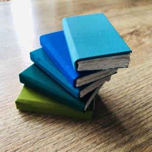 Pu&ograve; includere: Una pila di cinque piccoli quaderni fatti a mano con copertine in tonalit&agrave; di verde e blu. I quaderni sono rilegati con cuciture bianche e hanno pagine vuote.