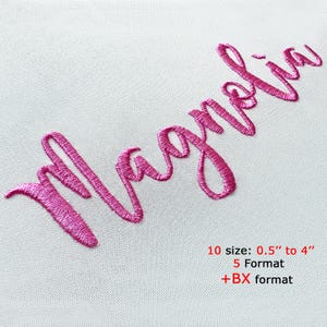 May include: Pink embroidered design of the word "Magnolia" on a white fabric background. The text below the design reads "10 size: 0.5" to 4" 5 Format +BX format".