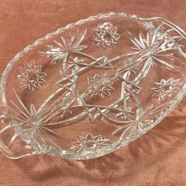 VINTAGE Oval 2 Part Relish Dish "Prescut" Clear by Anchor Hocking-10"