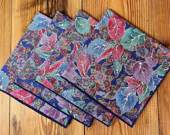 Set/ 4 VINTAGE Polished Cotton Cloth Napkins- Jewel Tones with Metalic accents-