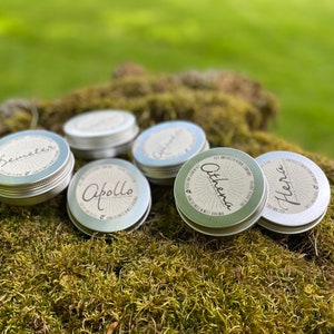 May include: Six small silver tins with labels on a bed of green moss. The labels read "Bemeter", "Apollo", "Otthens", and "Hlera".