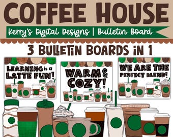 Könnte beinhalten: Drei druckbare Bulletin Board-Sets mit einem Kaffeethema. Das erste Set sagt "Learning is a Latte Fun!" Das zweite Set sagt "Warm & Cozy!" Das dritte Set sagt "We are the Perfect Blend!" Jedes Set zeigt eine Auswahl an Kaffeetassen und Bechern.