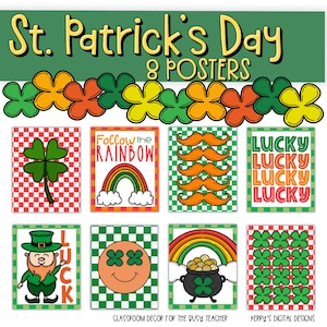 May include: Eight printable St. Patrick's Day posters featuring a shamrock, rainbow, mustache, lucky, leprechaun, smiley face, pot of gold, and shamrock pattern. Classroom decor for the busy teacher.
