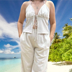 Premium Linen Set for Women and Girls, Sleeveless Linen Top and Long Pants Set for Women, Breathable Casual Minimalist Linen Set