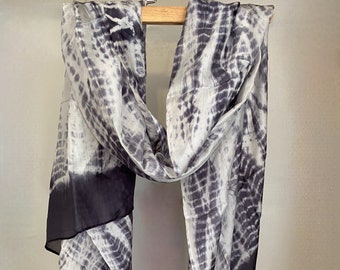 100% Natural Mulberry Silk Scarf, Long Shawl, Black & White Made in Vietnam