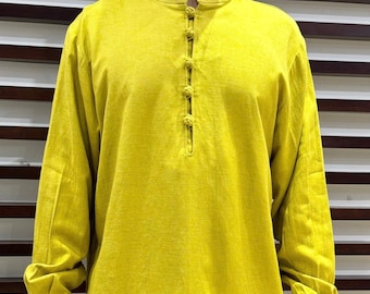Band Collar Linen Shirt for Men, Long Sleeve Linen Blouse for Men, Straight Shape Men's Linen Top, Knotted Button Linen Top for Men.