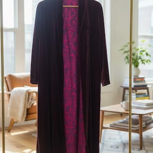 Luxurious Silk Velvet Long Coat/Robe for Women – Custom Length, Size & Color – Floral Silk Lining – Handmade Boho Velvet Duster with Pockets