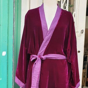 Reversible silk/velvet robes handmade in Vietnam, Long Silk Velvet Night Gown/Kimono/Cardigan, Custom Colors and Sizes