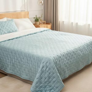 May include: A light blue quilted bedspread and pillow set on a bed. The bedspread has a diamond pattern and is draped over the bed. The room has a neutral color palette with a wooden headboard and nightstand.