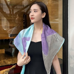 Square Hand-Painted Silk Scarf, Flower Painted Mulberry Silk Scarf for Women, Floral Painted Wrap, Personalized Pure Silk Scarf.