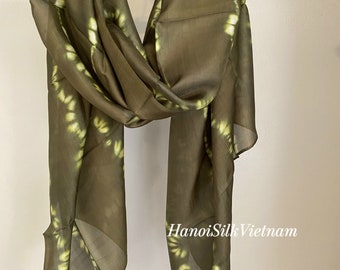 100% Silk Long Scarf for Women Handmade in Vietnam, Seaweed color