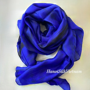 Blue Silk Scarf, Long Natural Mulberry Silk Shawl Tie-dyed in Vietnam