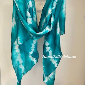 Blue and White Silk Scarf, 100% Real Silk Shawl for Women, Long and Big Size Made in Vietnam