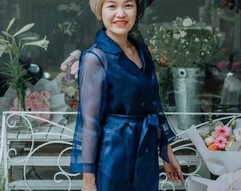Cappotto da donna in organza di seta di gelso 100% – Giacca in seta trasparente su misura – Cappotto lungo di lusso leggero fatto a mano con cintura.