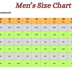 May include: A size chart for men's clothing, displaying chest, waist, and hip measurements in inches and centimeters. Sizes range from 34 (S) to 54 (XXXL). The chart includes body measurements for accurate sizing.
