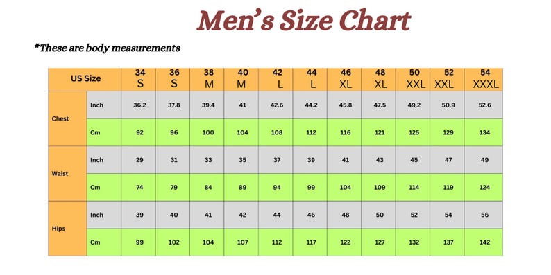May include: A size chart for men's clothing, displaying chest, waist, and hip measurements in inches and centimeters. Sizes range from 34 (S) to 54 (XXXL). The chart includes body measurements for accurate sizing.