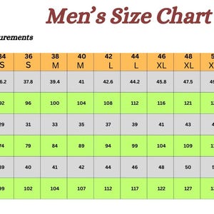May include: A men's clothing size chart showing chest, waist, and hip measurements in inches and centimetres. US sizes range from 34 to 54, with corresponding measurements. The text "Men's Size Chart" is at the top of the chart.