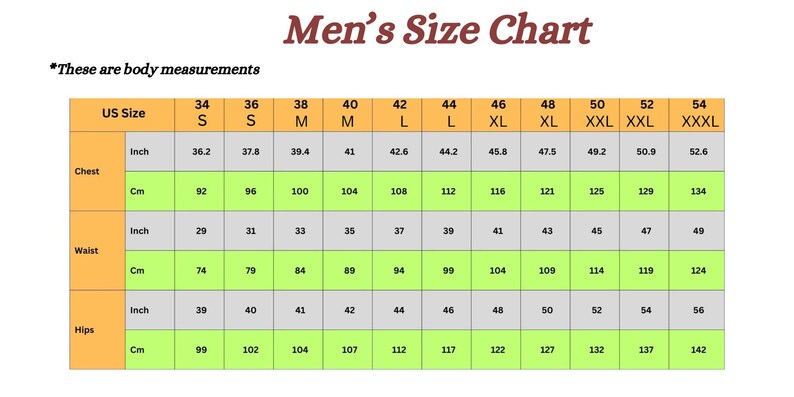 May include: A men's clothing size chart showing chest, waist, and hip measurements in inches and centimetres. US sizes range from 34 to 54, with corresponding measurements. The text "Men's Size Chart" is at the top of the chart.