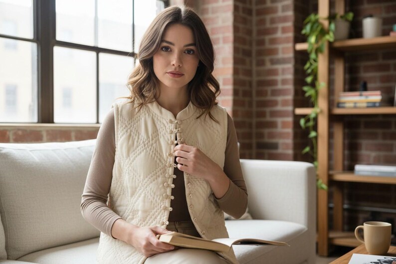 May include: A cream-coloured quilted vest with a button-up front. The vest is worn over a long-sleeved top. The person is sitting on a white sofa and holding a book. The background includes a window, brick wall, and wooden shelving.