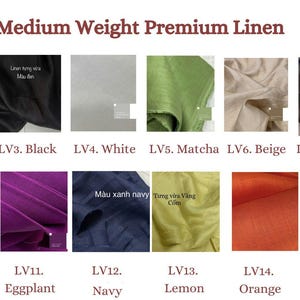 Puede incluir: Una carta de colores de muestras de tela de lino premium de peso medio. Los colores incluyen salm&oacute;n, menta, negro, blanco, matcha, beige, caf&eacute;, marr&oacute;n, azul oc&eacute;ano, lila, berenjena, azul marino, lim&oacute;n, naranja, naranja claro y rosa.