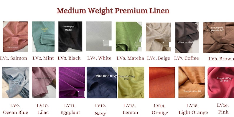 Puede incluir: Una carta de colores de muestras de tela de lino premium de peso medio. Los colores incluyen salm&oacute;n, menta, negro, blanco, matcha, beige, caf&eacute;, marr&oacute;n, azul oc&eacute;ano, lila, berenjena, azul marino, lim&oacute;n, naranja, naranja claro y rosa.