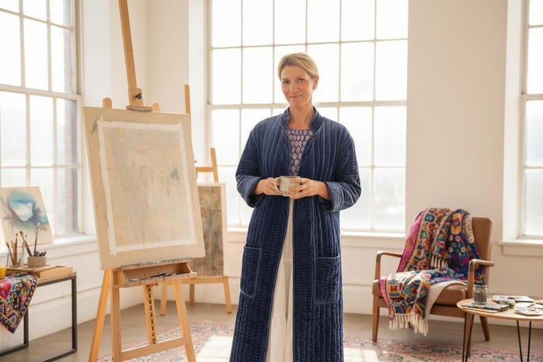 May include: A woman in a long, navy blue quilted robe stands in an artist's studio, holding a mug. The studio features easels with artwork, a patterned rug, and a chair with a colorful throw. The room is filled with natural light.