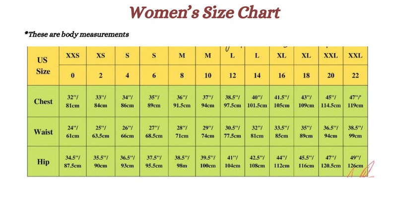 Puede incluir: Una tabla de tallas para mujeres con medidas corporales. La tabla incluye tallas estadounidenses de 0 a 22, con las medidas correspondientes de pecho, cintura y cadera en pulgadas y cent&iacute;metros.