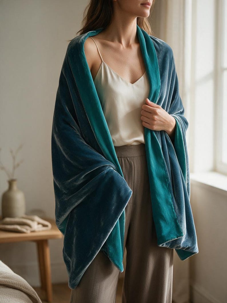 May include: A reversible velvet shawl featuring a deep slate blue exterior and a vibrant teal interior. The fabric has a soft, light-reflecting sheen, and the wrap is draped over the shoulders, showcasing the contrasting color layers of the material.