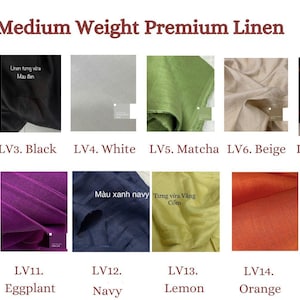 May include: A colour chart of medium-weight premium linen fabric swatches. Colours include Salmon, Mint, Black, White, Matcha, Beige, Coffee, Brown, Ocean Blue, Lilac, Eggplant, Navy, Lemon, Orange, Light Orange, and Pink.