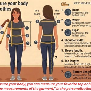 Puede incluir: Una ilustraci&oacute;n que muestra c&oacute;mo medir el cuerpo para cortar ropa. La imagen muestra a dos mujeres, una de las cuales est&aacute; siendo medida con una cinta m&eacute;trica. Se etiquetan las medidas clave, incluyendo busto, cintura, caderas, ancho de hombros, largo de manga, largo superior y largo inferior.