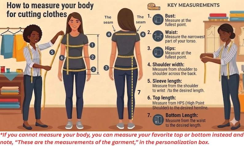 Puede incluir: Una ilustraci&oacute;n que muestra c&oacute;mo medir el cuerpo para cortar ropa. La imagen muestra a dos mujeres, una de las cuales est&aacute; siendo medida con una cinta m&eacute;trica. Se etiquetan las medidas clave, incluyendo busto, cintura, caderas, ancho de hombros, largo de manga, largo superior y largo inferior.
