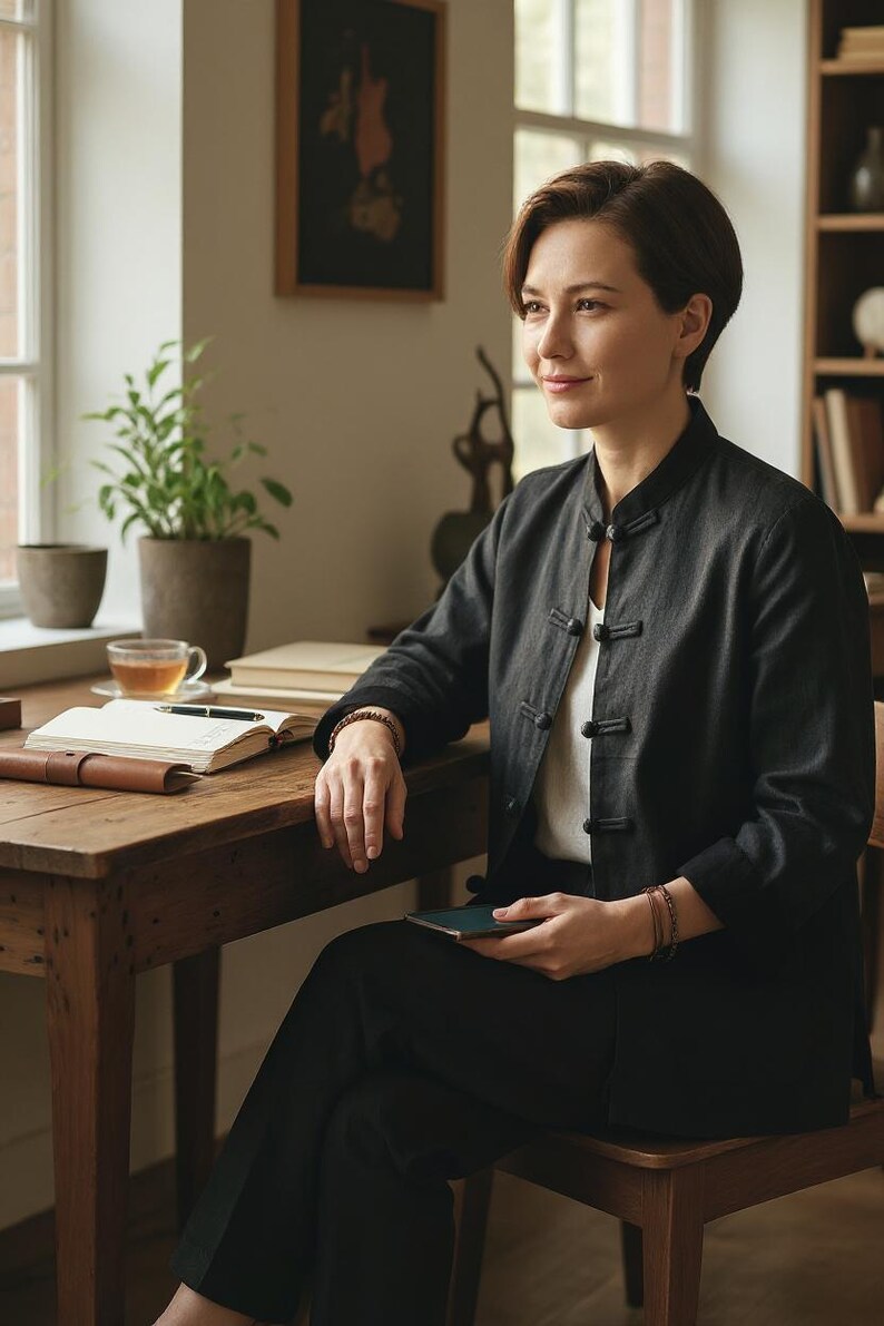 May include: A person seated at a wooden desk, wearing a dark grey jacket with black buttons over a white top, and black trousers. They are holding a smartphone. A cup of tea, a notebook, and a pen are on the desk.