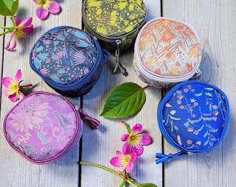 Round Silk Brocade Travel Jewelry Case | Small Zippered Jewelry Pouch Organizer | Coin Purse Style Travel | Bridesmaid Gift.