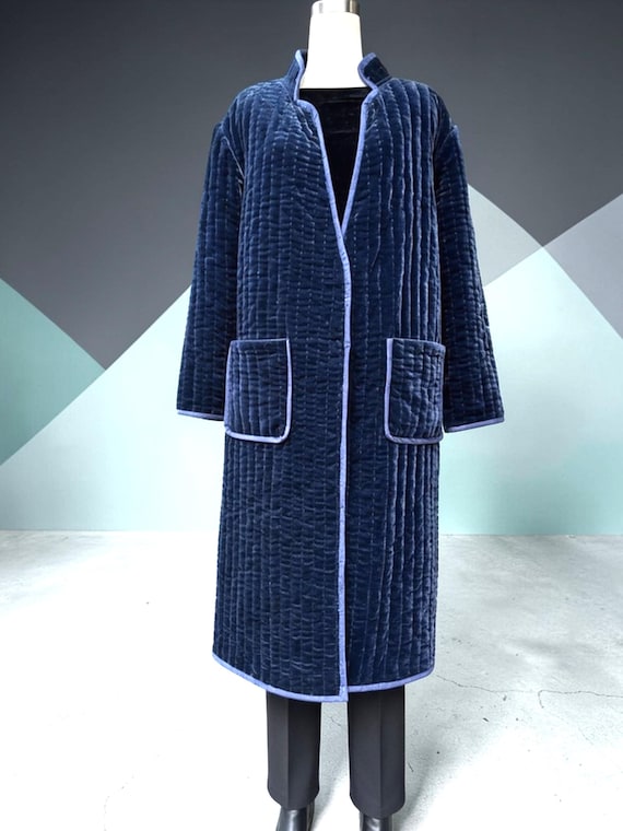 Luxury Hand-Stitched Silk Velvet Coat for Women| Long Quilted Jacket | 100% Mulberry Silk Lining | Artisanal Duster with Hidden Buttons