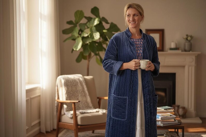 May include: A woman wearing a long, quilted navy blue robe with large pockets, holding a white mug. The robe is over a patterned top and white dress. The scene is a well-lit living room with a fireplace, chair, and a large plant.