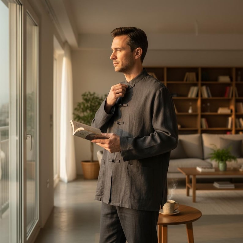 May include: A dark grey linen shirt and trousers. The shirt features a mandarin collar and frog fastenings. The person is holding a book and looking out of a window. The setting is a bright living room with a wooden coffee table and a sofa.