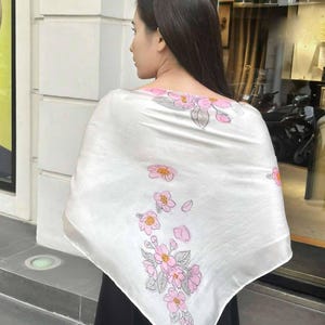 Square Hand-Painted Silk Scarf, Flower Painted Mulberry Silk Scarf for Women, Floral Painted Wrap, Personalized Pure Silk Scarf.