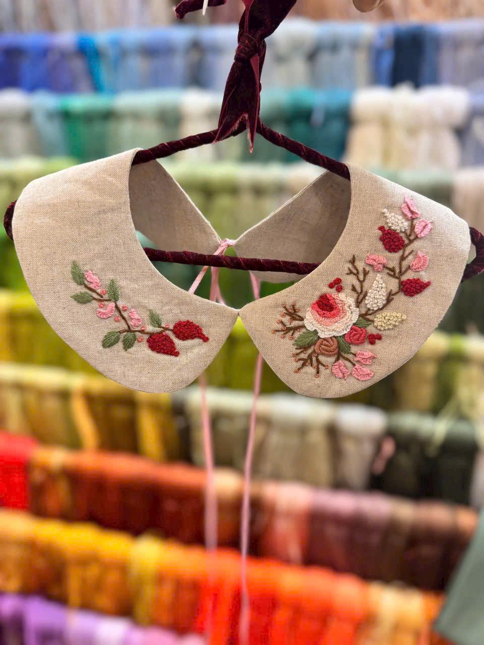 Floral Detachable Handmade Collar, Hand Embroidered Collar, Peter Pan Removable Collar for Blouse, Linen Hand Embroidery Collar.