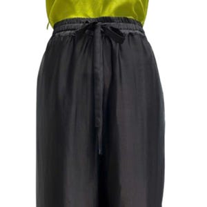 Long Black Satin Silk Pants for Women, Thick Straight Leg Pants, Summer Silk Pants for Female, Elastic Waist Pants with Pockets.