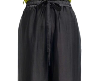 Lange zwarte satijnen zijden broek voor dames, dikke broek met rechte pijpen, zomerzijden broek voor dames, elastische taillebroek met zakken.