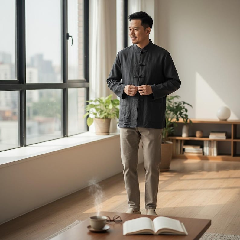 May include: A dark grey linen shirt with a mandarin collar and frog closures. The shirt is worn with light brown trousers. A cup of tea and an open book are on a wooden coffee table. The room has large windows and potted plants.